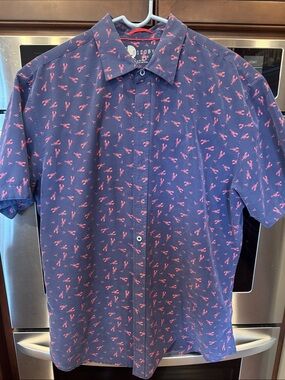 Navy Short-Sleeve Button-Down Shirt with Red Lobster Print